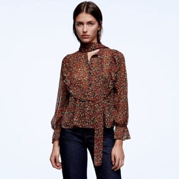 ZARA BOHO FLORAL PRINT ROMANTIC FRILL TOP BLOUSE - Picture 2 of 2